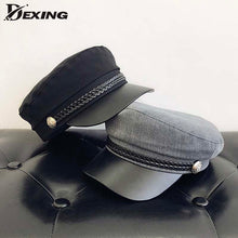 Load image into Gallery viewer, Fashion PU Leather Military Hat Autumn Sailor Hat For Women Men Black Grey flat top  Female travel cadet hat Captain Cap