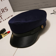 Load image into Gallery viewer, Fashion PU Leather Military Hat Autumn Sailor Hat For Women Men Black Grey flat top  Female travel cadet hat Captain Cap