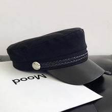 Load image into Gallery viewer, Fashion PU Leather Military Hat Autumn Sailor Hat For Women Men Black Grey flat top  Female travel cadet hat Captain Cap