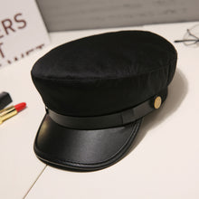 Load image into Gallery viewer, Fashion PU Leather Military Hat Autumn Sailor Hat For Women Men Black Grey flat top  Female travel cadet hat Captain Cap