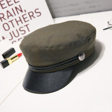 Load image into Gallery viewer, Fashion PU Leather Military Hat Autumn Sailor Hat For Women Men Black Grey flat top  Female travel cadet hat Captain Cap