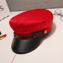 Load image into Gallery viewer, Fashion PU Leather Military Hat Autumn Sailor Hat For Women Men Black Grey flat top  Female travel cadet hat Captain Cap