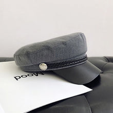 Load image into Gallery viewer, Fashion PU Leather Military Hat Autumn Sailor Hat For Women Men Black Grey flat top  Female travel cadet hat Captain Cap