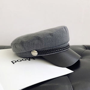 Fashion PU Leather Military Hat Autumn Sailor Hat For Women Men Black Grey flat top  Female travel cadet hat Captain Cap