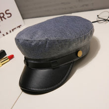 Load image into Gallery viewer, Fashion PU Leather Military Hat Autumn Sailor Hat For Women Men Black Grey flat top  Female travel cadet hat Captain Cap