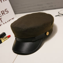 Load image into Gallery viewer, Fashion PU Leather Military Hat Autumn Sailor Hat For Women Men Black Grey flat top  Female travel cadet hat Captain Cap