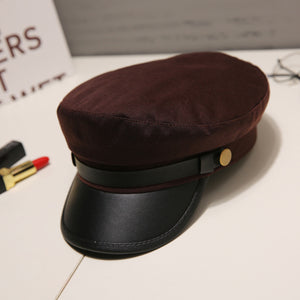 Fashion PU Leather Military Hat Autumn Sailor Hat For Women Men Black Grey flat top  Female travel cadet hat Captain Cap