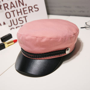 Fashion PU Leather Military Hat Autumn Sailor Hat For Women Men Black Grey flat top  Female travel cadet hat Captain Cap