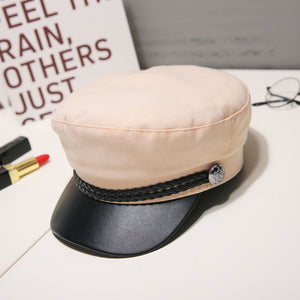 Fashion PU Leather Military Hat Autumn Sailor Hat For Women Men Black Grey flat top  Female travel cadet hat Captain Cap