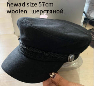Fashion PU Leather Military Hat Autumn Sailor Hat For Women Men Black Grey flat top  Female travel cadet hat Captain Cap